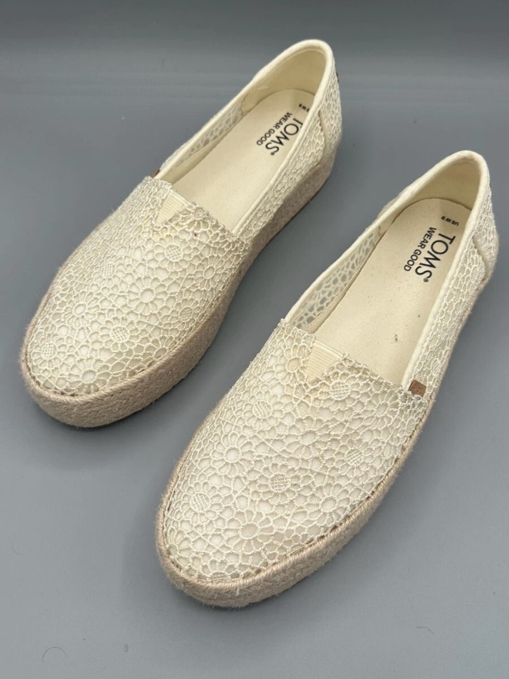 TOMS Valencia Floral Crochet Platform Espadrille Slip On Womens Flats Size 9